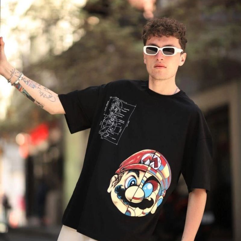 Erkek Mario Baskılı T-Shirt Oversize Kısa kol Bisiklet yaka tişort - Siyah